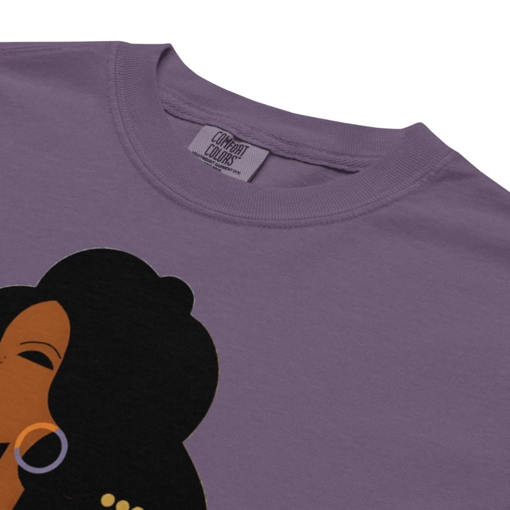 Purple t-shirt with a graphic of a woman's face and 'Comfort Colors' label.