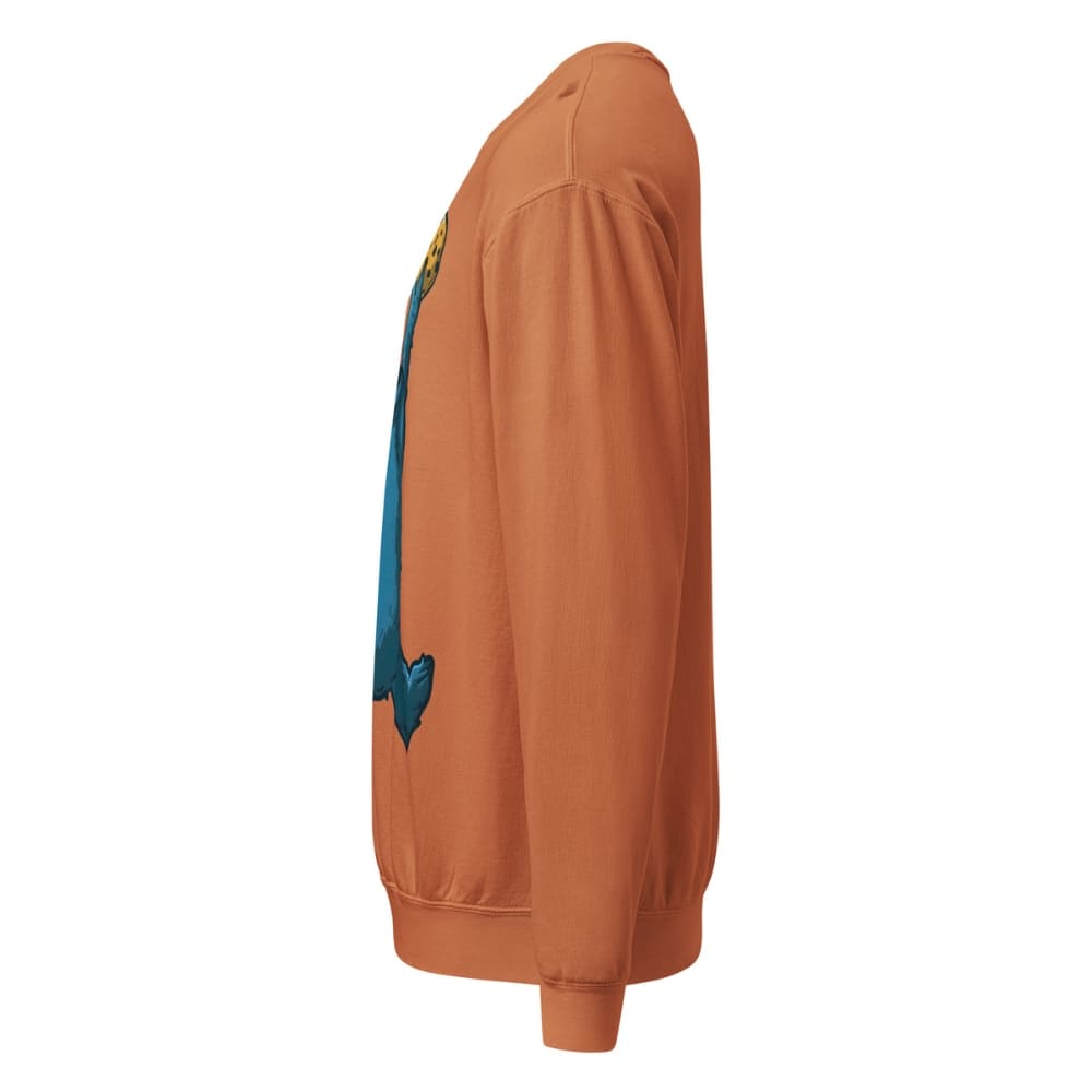 Orange sweatshirt with a colorful design on the sleeve against a white background