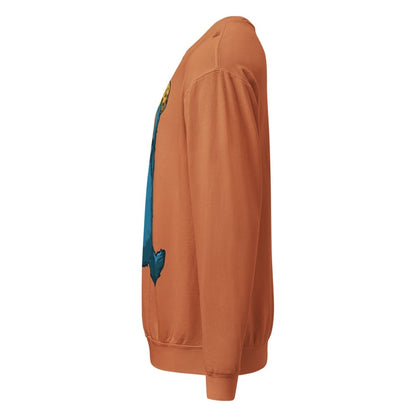 Orange sweatshirt with a colorful design on the sleeve against a white background
