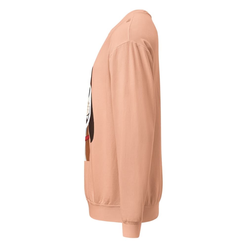 Peach-colored sweatshirt with a graphic design on the sleeve against a white background