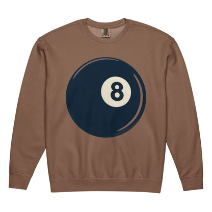 Brown sweatshirt with an 8-ball design on a white background