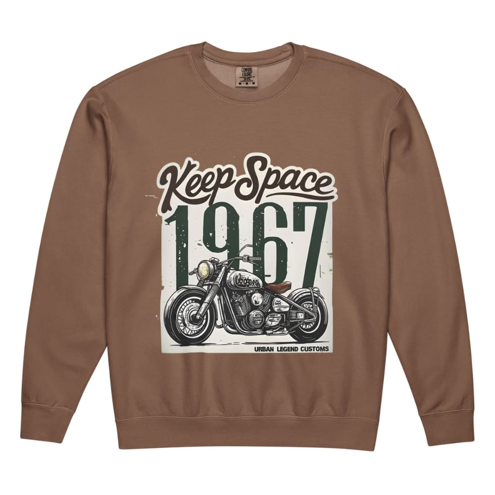 Brown sweatshirt with motorcycle graphic and text 'Keep Space 1967' on a white background