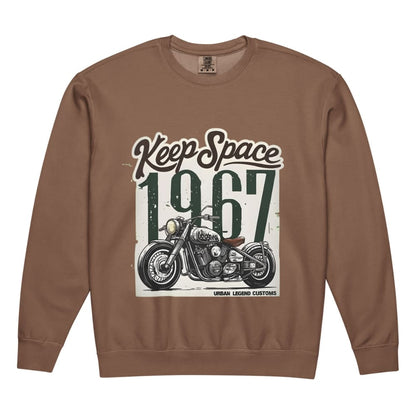 Brown sweatshirt with motorcycle graphic and text 'Keep Space 1967' on a white background