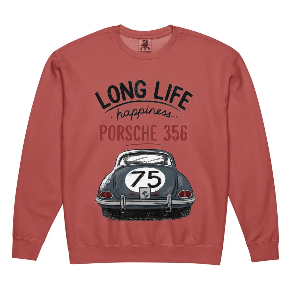 Red sweatshirt with Porsche 356 design and text on a white background