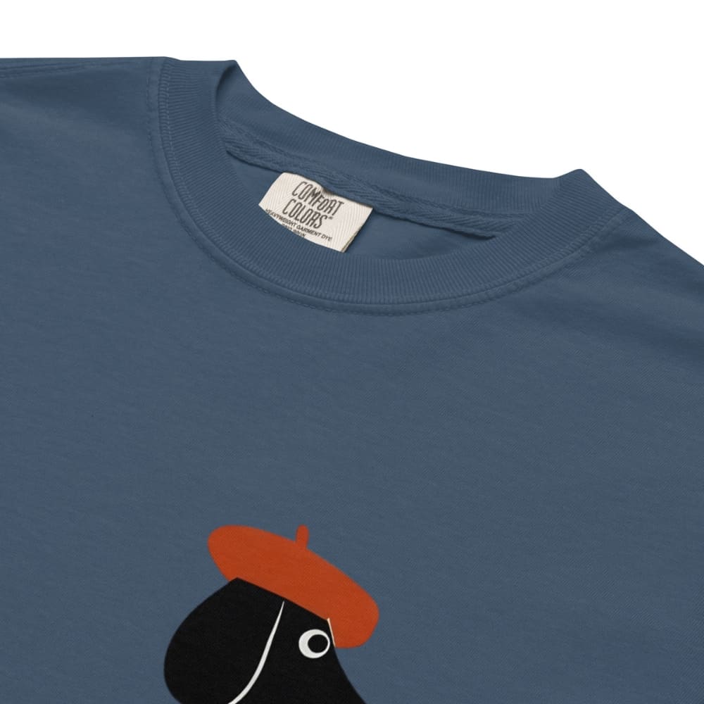 Midnight blue t-shirt with a rooster wearing a red beret design and 'Comfort Colors' label.
