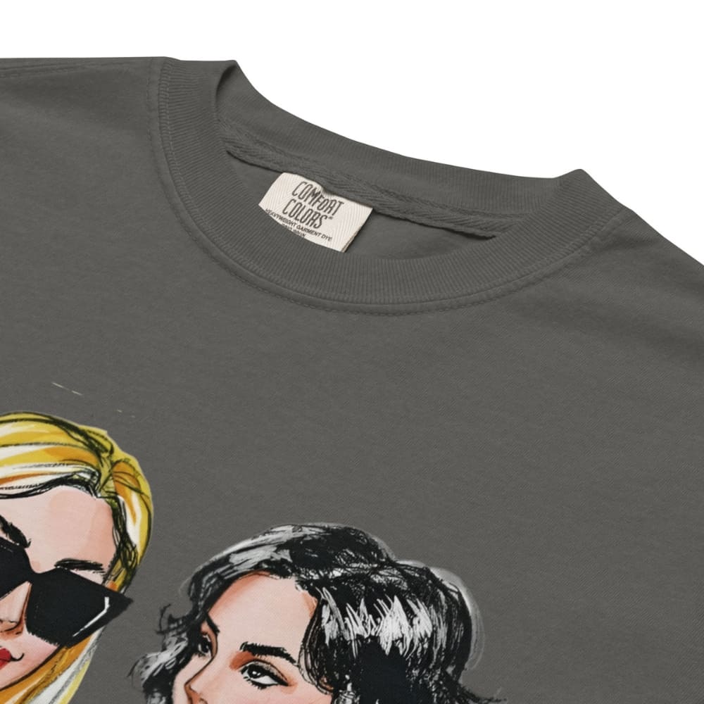 Gray t-shirt with illustrations of two women's faces and a 'Comfort Colors' label.