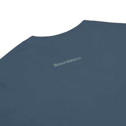 Close-up of a midnight blue t-shirt on a white background