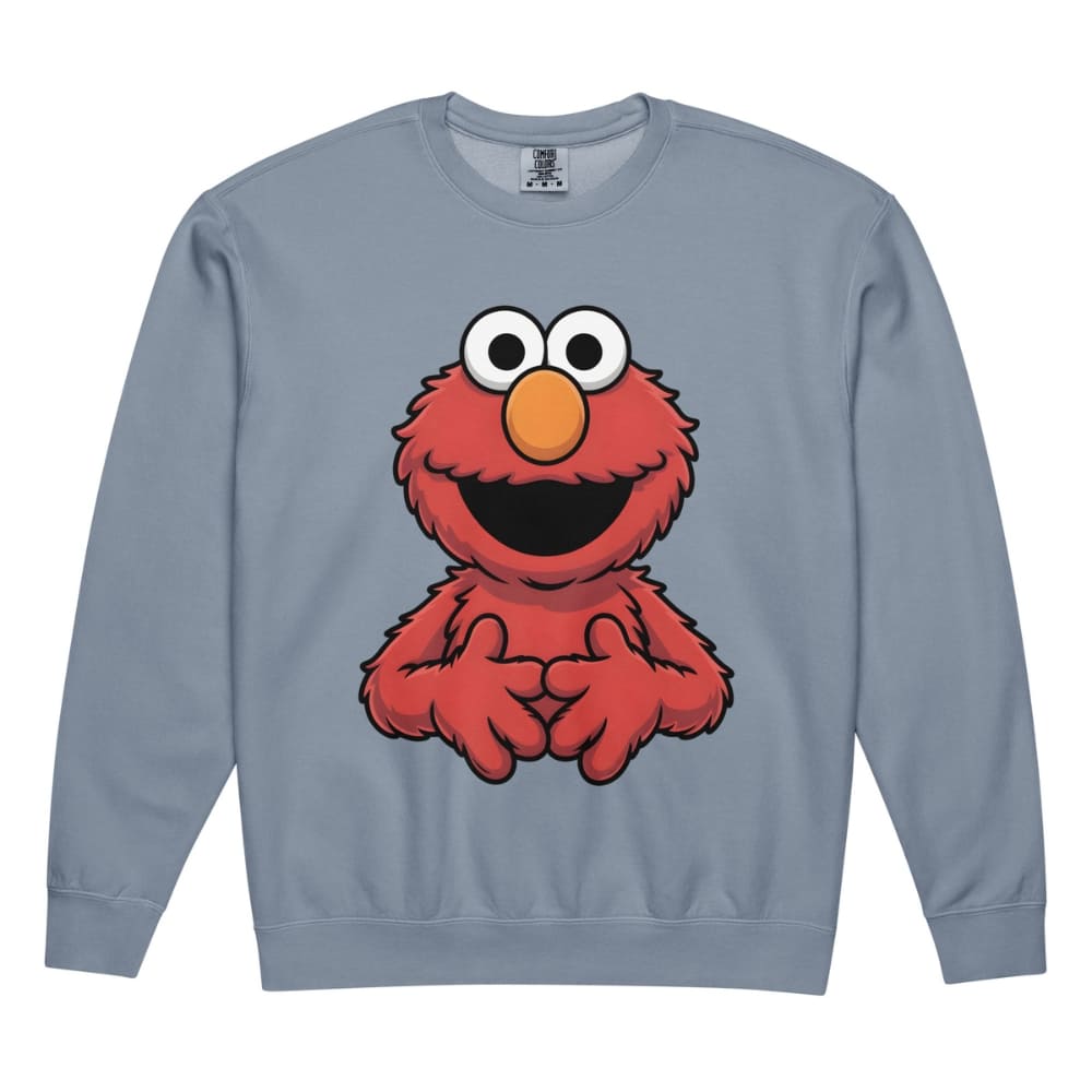 Blue sweatshirt with a red character design on a white background