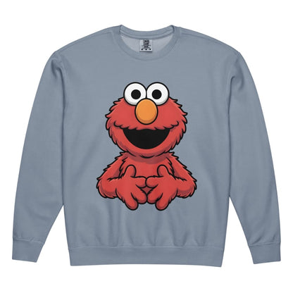 Blue sweatshirt with a red character design on a white background