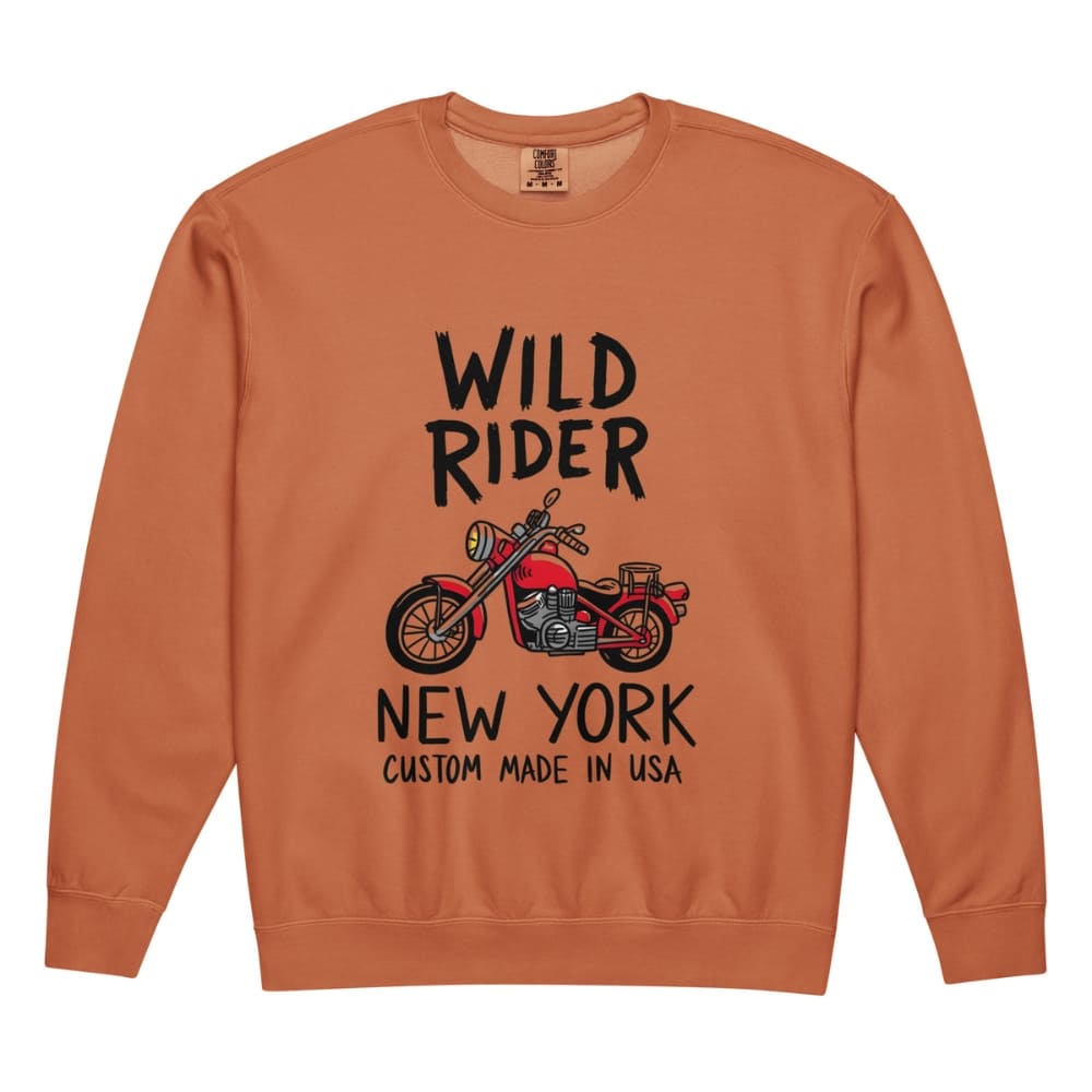 Orange sweatshirt with 'Wild Rider New York Custom Made in USA' text and motorcycle graphic on a white background
