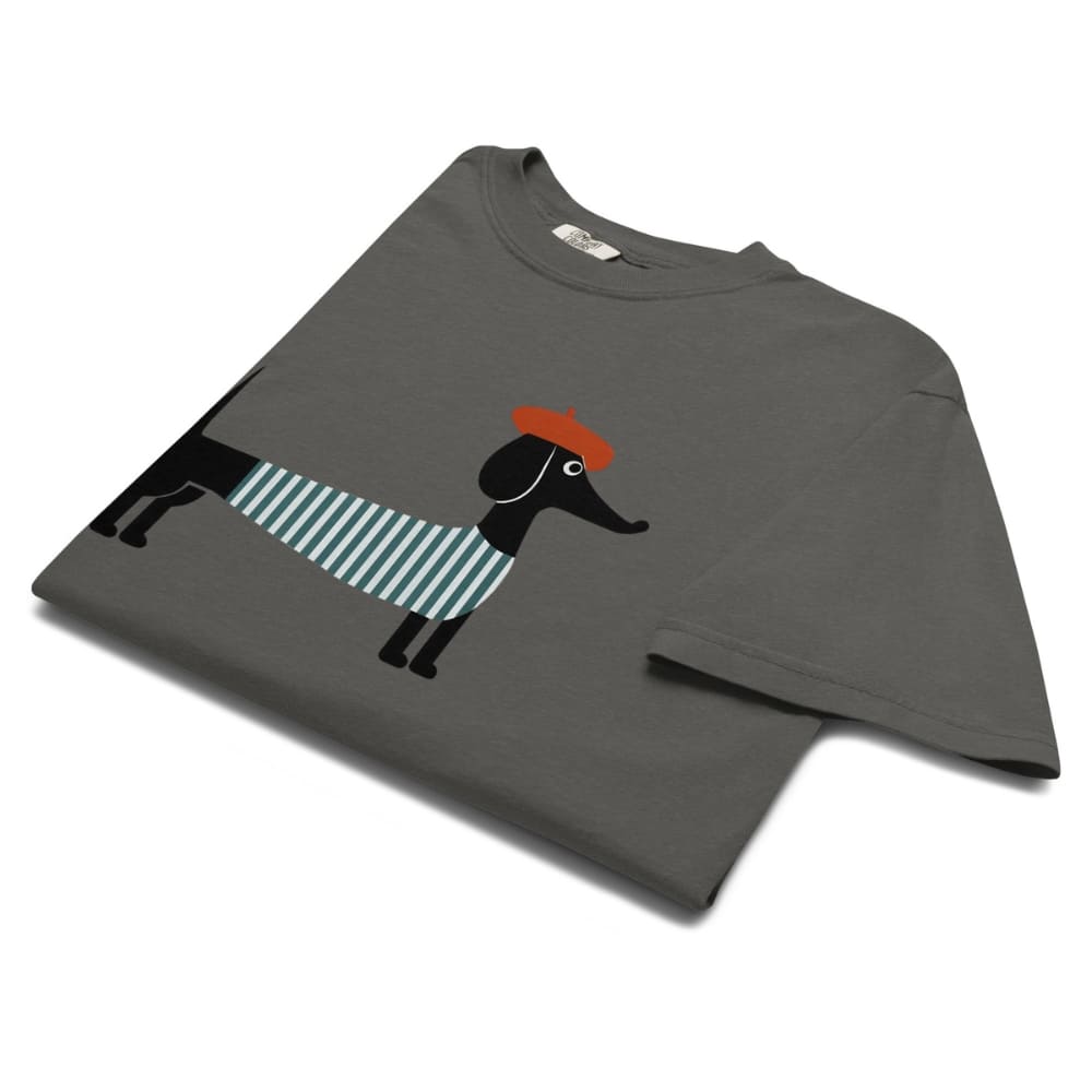 Pepper gray t-shirt with a dog graphic on a white background
