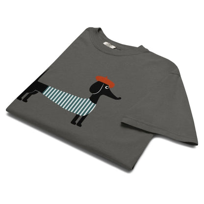 Pepper gray t-shirt with a dog graphic on a white background