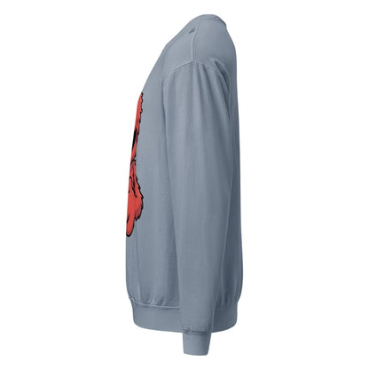 Blue sweatshirt with a red graphic on the back against a white background