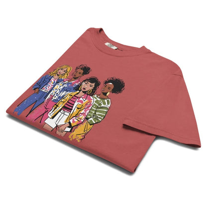 Red t-shirt with colorful graphic of four women on a white background