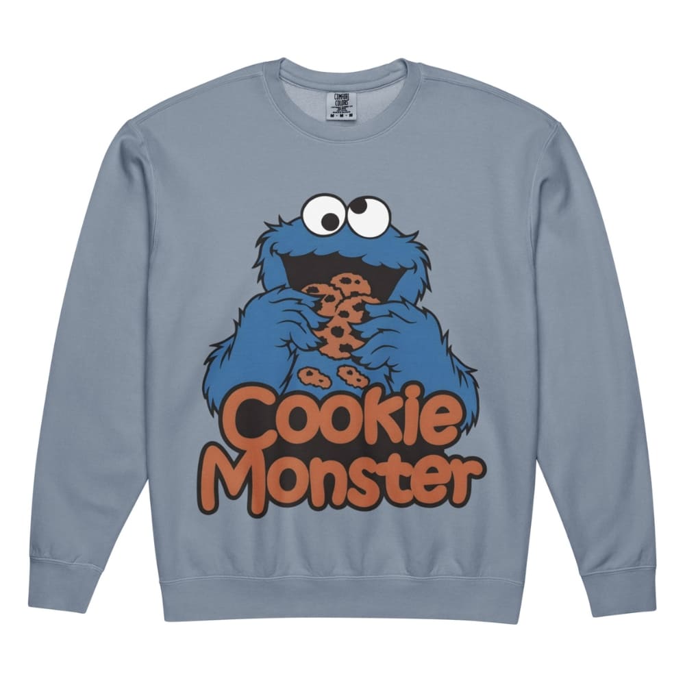 Blue sweatshirt with Cookie Monster graphic and text on a white background