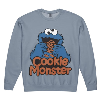 Blue sweatshirt with Cookie Monster graphic and text on a white background