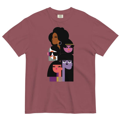 Maroon t-shirt with artistic depiction of four stylized faces on a white background