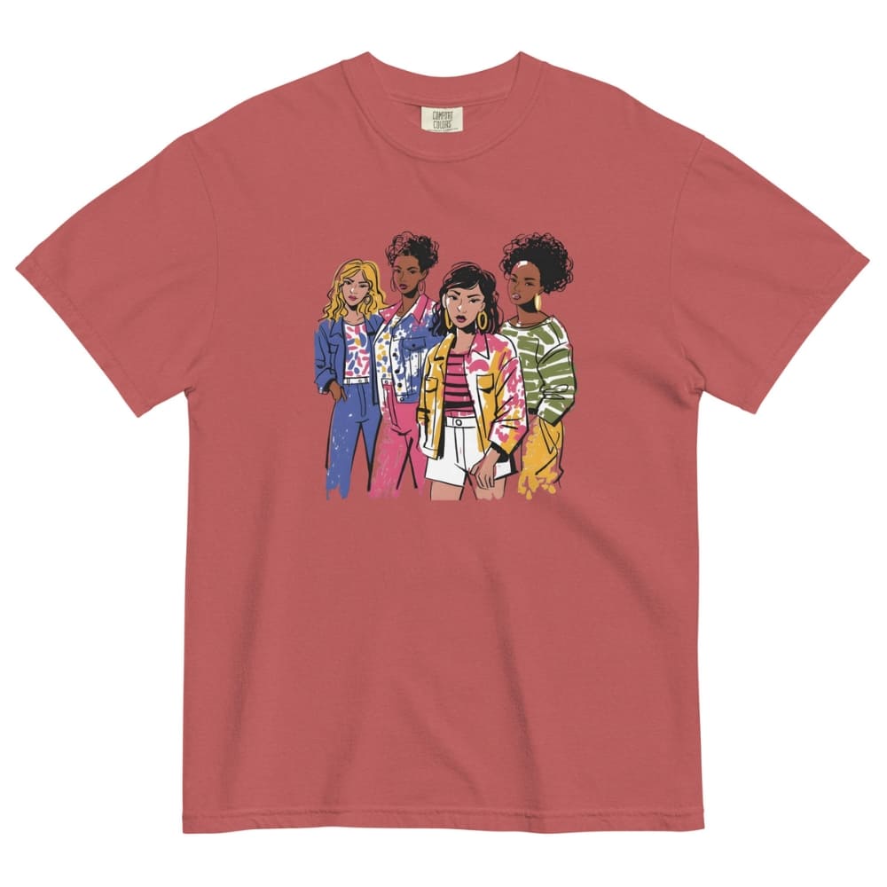 Red t-shirt with a graphic of four women in colorful outfits on a white background