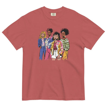 Red t-shirt with a graphic of four women in colorful outfits on a white background