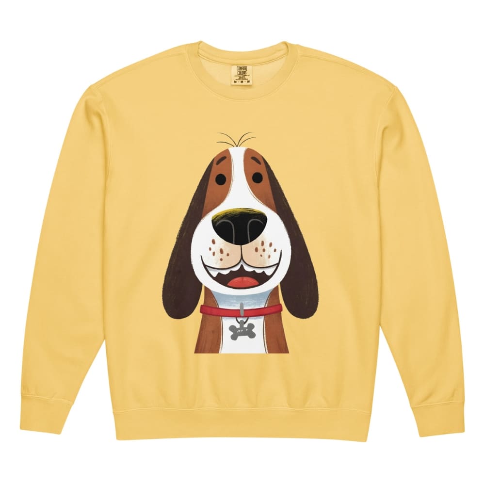 Yellow sweatshirt with a cartoon dog design on a white background