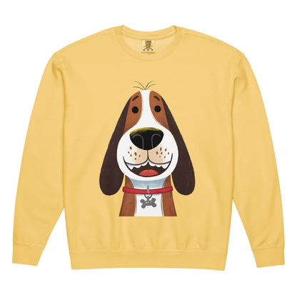 Yellow sweatshirt with a cartoon dog design on a white background
