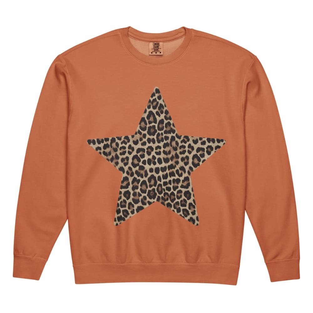 Orange sweatshirt with a leopard print star design on a white background