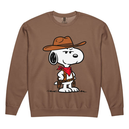Brown sweatshirt with a cartoon character wearing a cowboy hat and boots on a white background