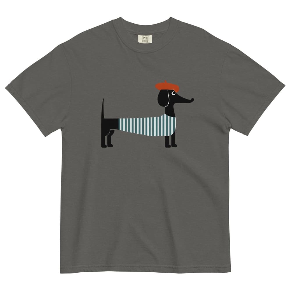 Pepper gray t-shirt with a dachshund graphic wearing a sweater and red beret on a white background
