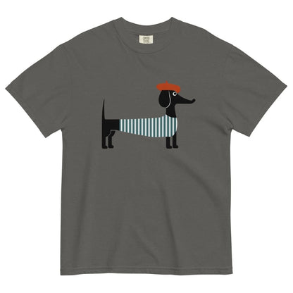 Pepper gray t-shirt with a dachshund graphic wearing a sweater and red beret on a white background