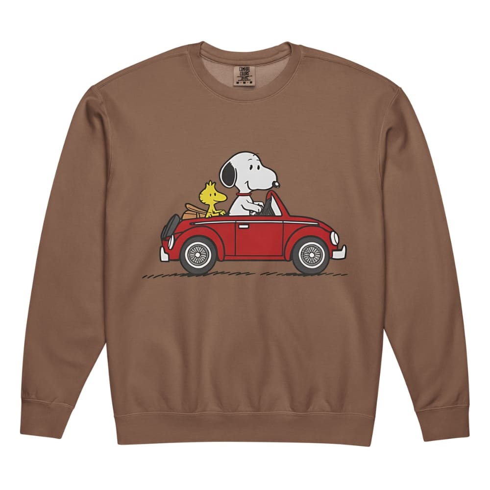 Brown sweatshirt with a graphic of Snoopy and Woodstock in a red car on a white background