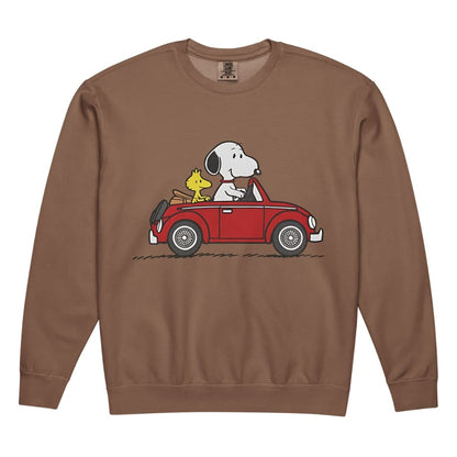 Brown sweatshirt with a graphic of Snoopy and Woodstock in a red car on a white background
