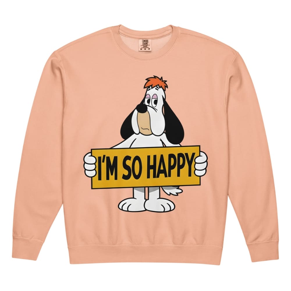 Peach -colored sweatshirt with a cartoon dog holding 'I'm So Happy' sign on a white background