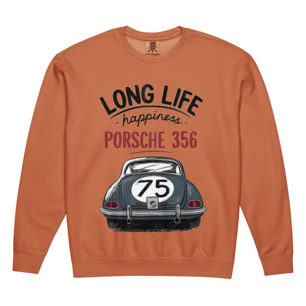 Orange sweatshirt with Porsche 356 design and text on a white background