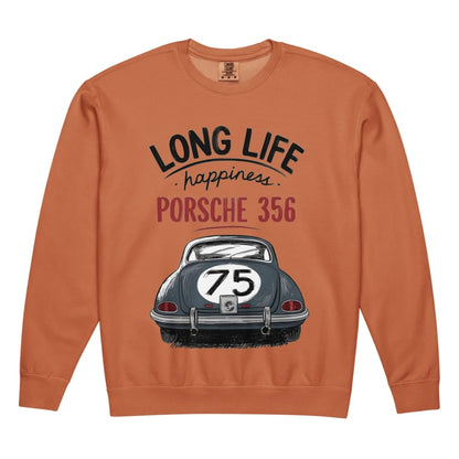 Orange sweatshirt with Porsche 356 design and text on a white background