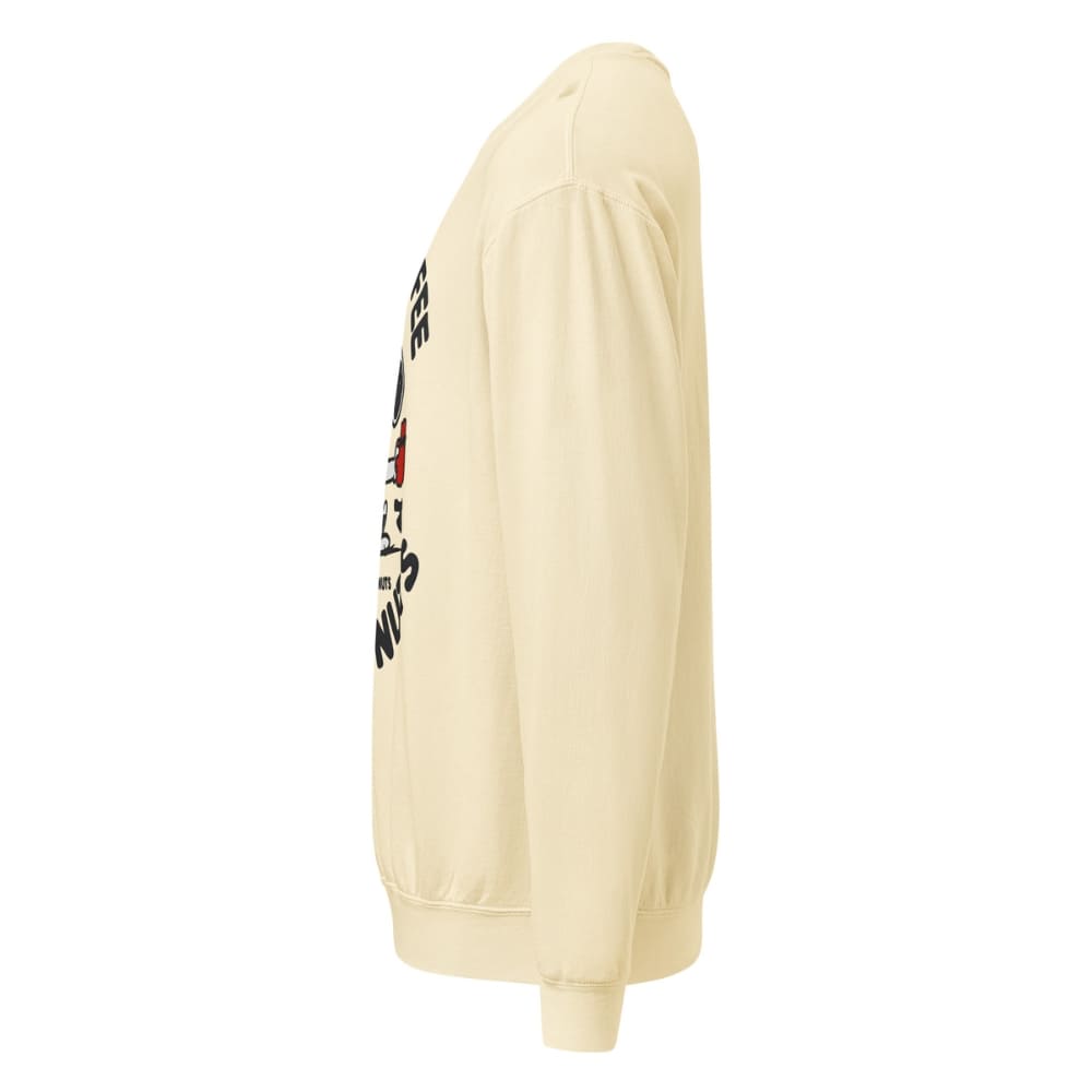 Beige sweatshirt with a brand logo on the sleeve against a white background