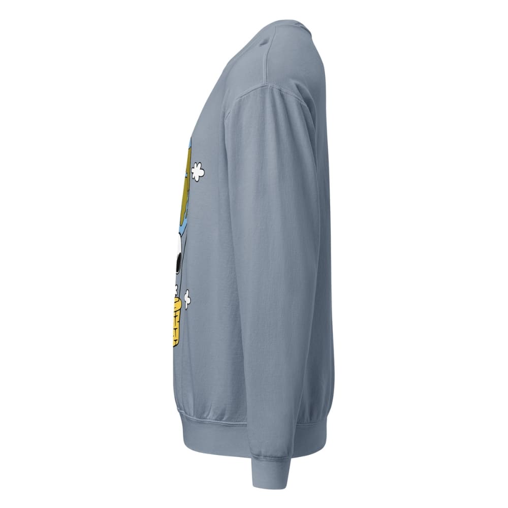 Blue sweatshirt with a logo on the sleeve against a white background