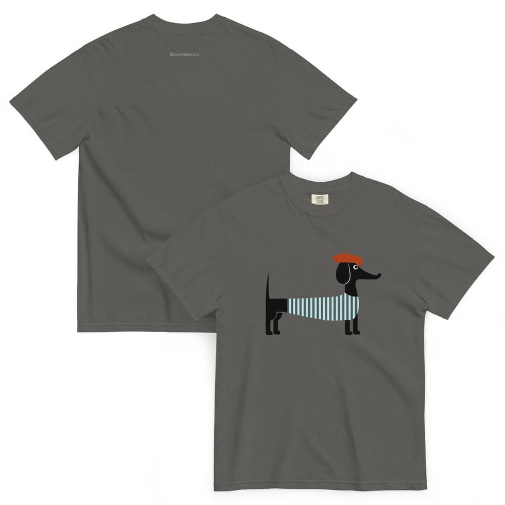 Two Pepper gray t-shirts, one plain and one with a dachshund graphic design.