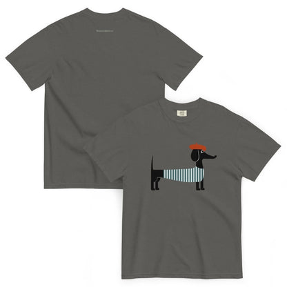 Two Pepper gray t-shirts, one plain and one with a dachshund graphic design.