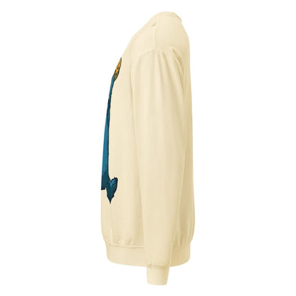 Beige sweatshirt with a blue drawstring on a white background