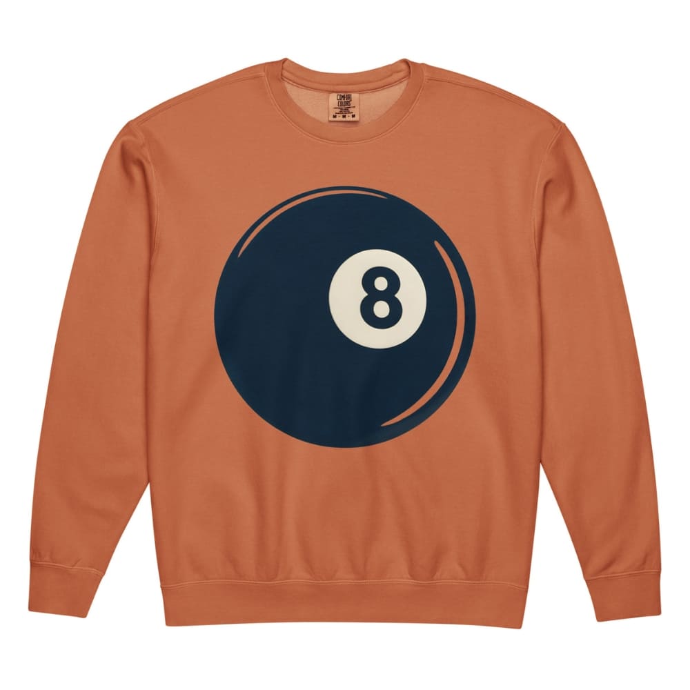 Orange sweatshirt with an 8-ball design on a white background