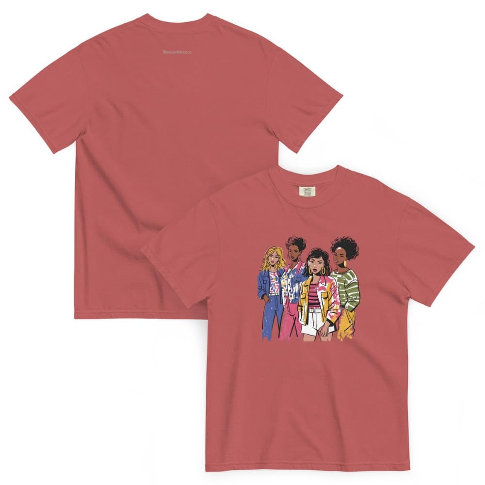 Red t-shirt with cartoon characters on a white background
