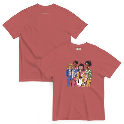Red t-shirt with cartoon characters on a white background
