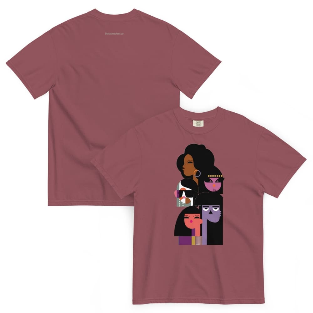 Maroon t-shirt with a graphic design of a woman and a child on a white background