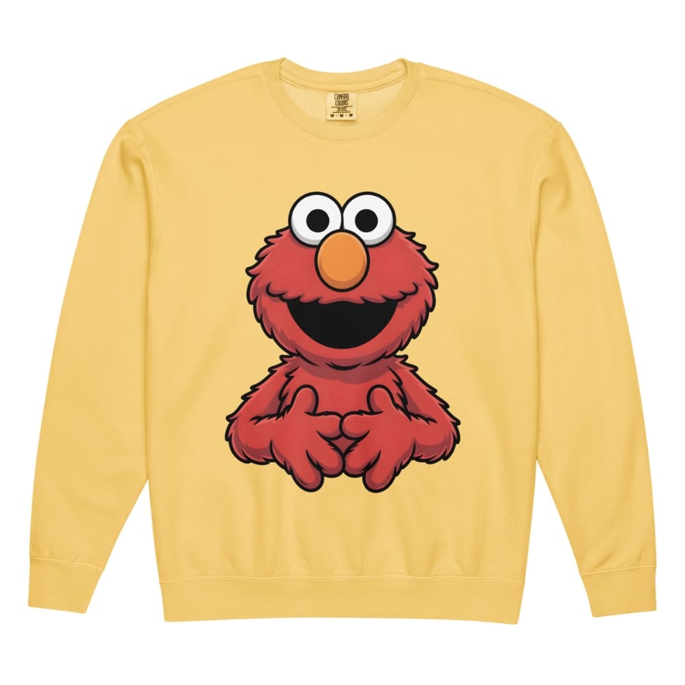 Yellow sweatshirt with a red character design on a white background