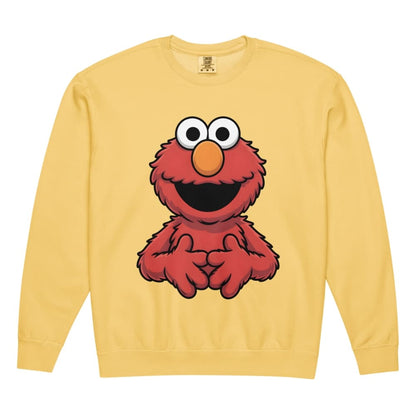 Yellow sweatshirt with a red character design on a white background