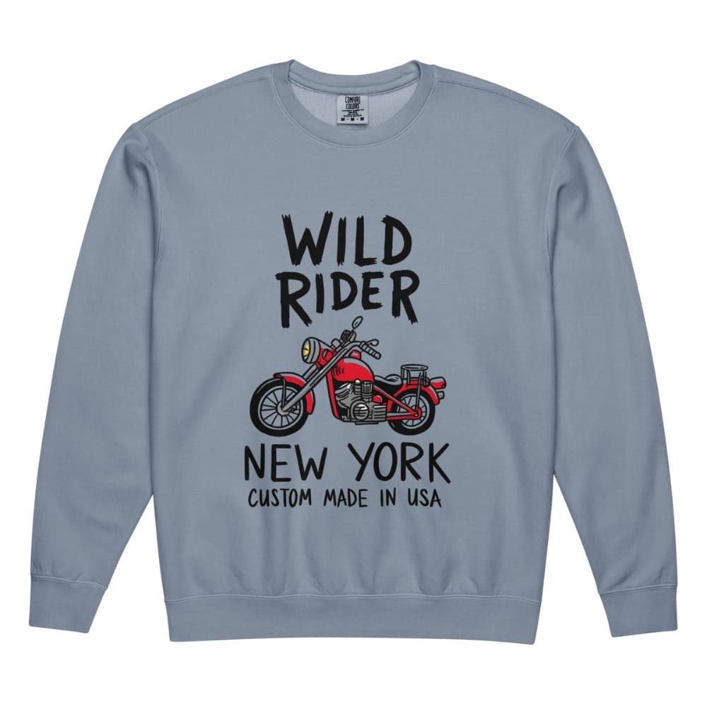 Blue sweatshirt with 'Wild Rider New York Custom Made in USA' text and motorcycle graphic on a white background