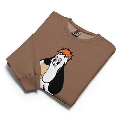 Brown sweatshirt with cartoon character design on a white background