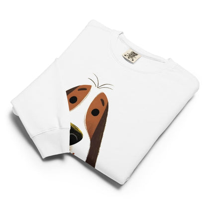 White sweatshirt with a colorful butterfly design on a white background