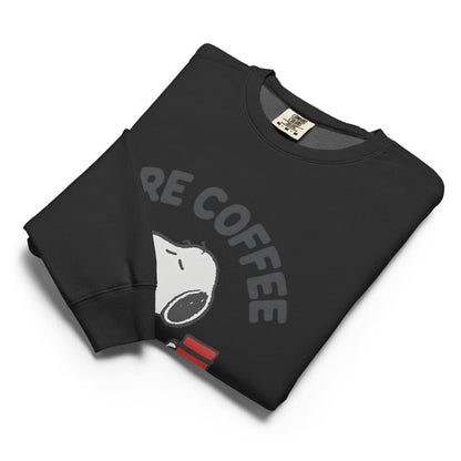Black sweatshirt with a cartoon character and 'Are Coffee' text on a white background
