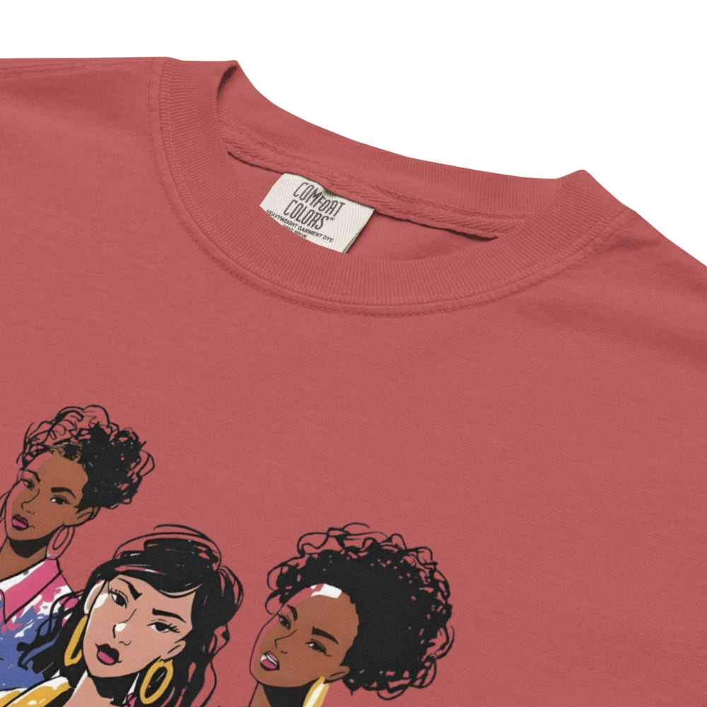 Red t-shirt with illustrations of three women on a white background